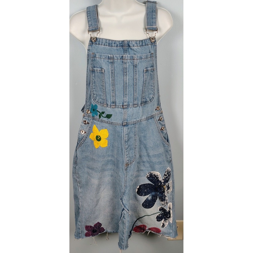 Misslook Womens M Floral Denim Overall Dress Light Wash Cotton Boho Cottagecore